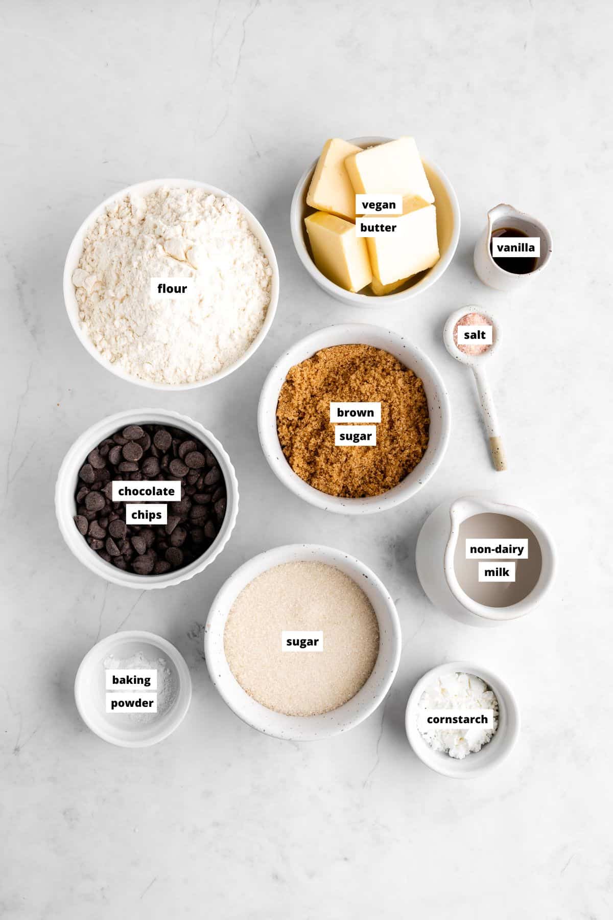 bowls of ingredients for vegan chocolate chip blondies