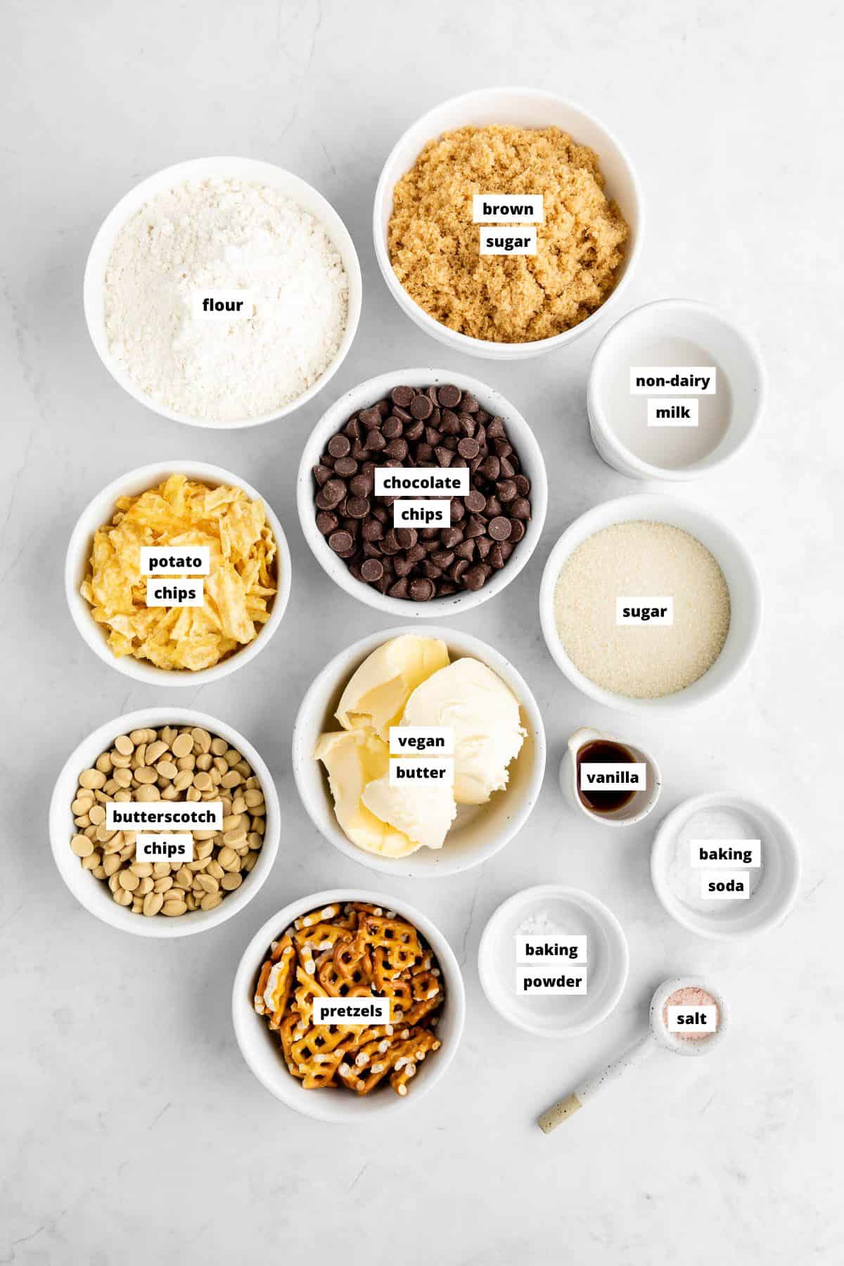 bowls of ingredients for vegan kitchen sink cookies