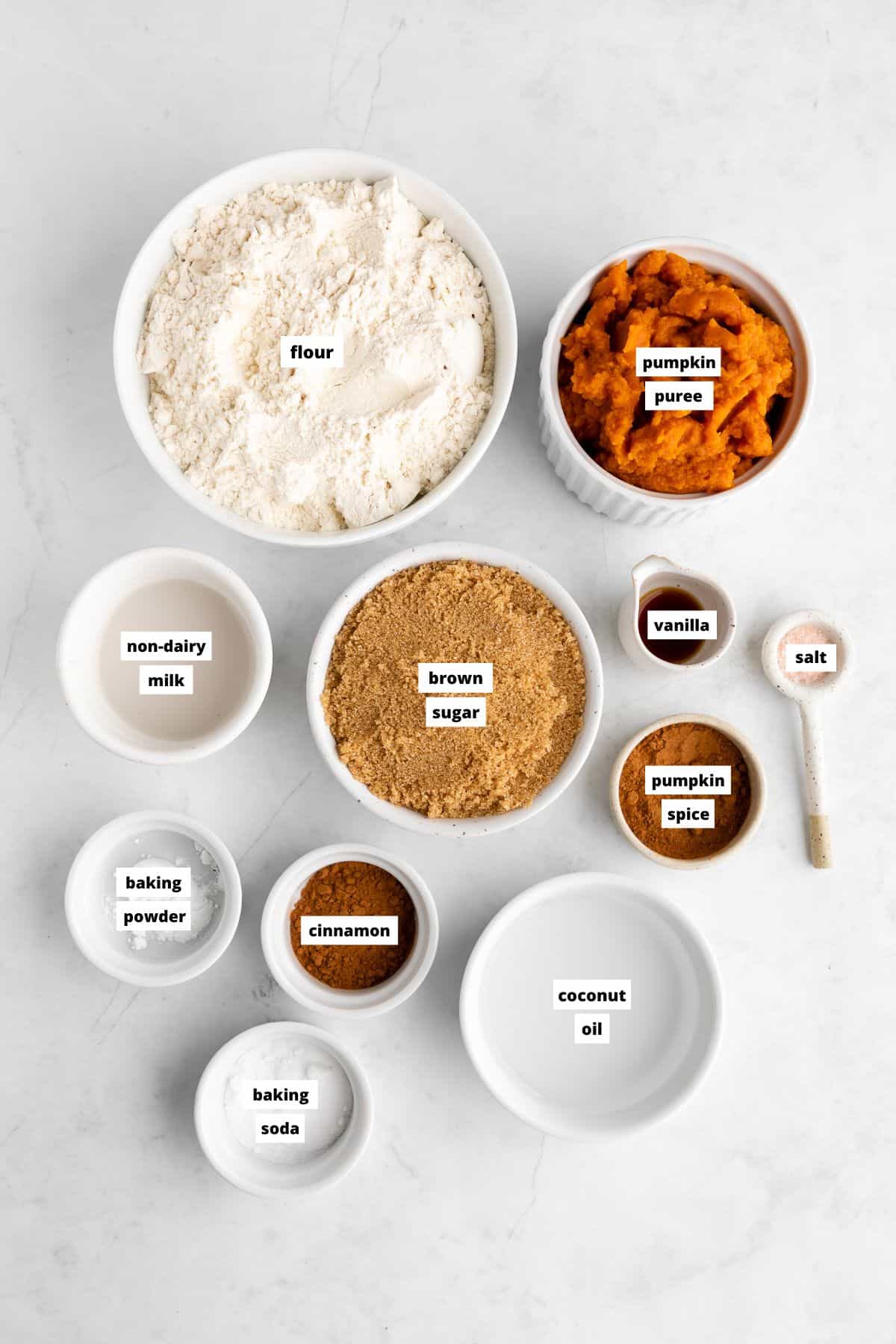 bowls of ingredients for vegan pumpkin cake
