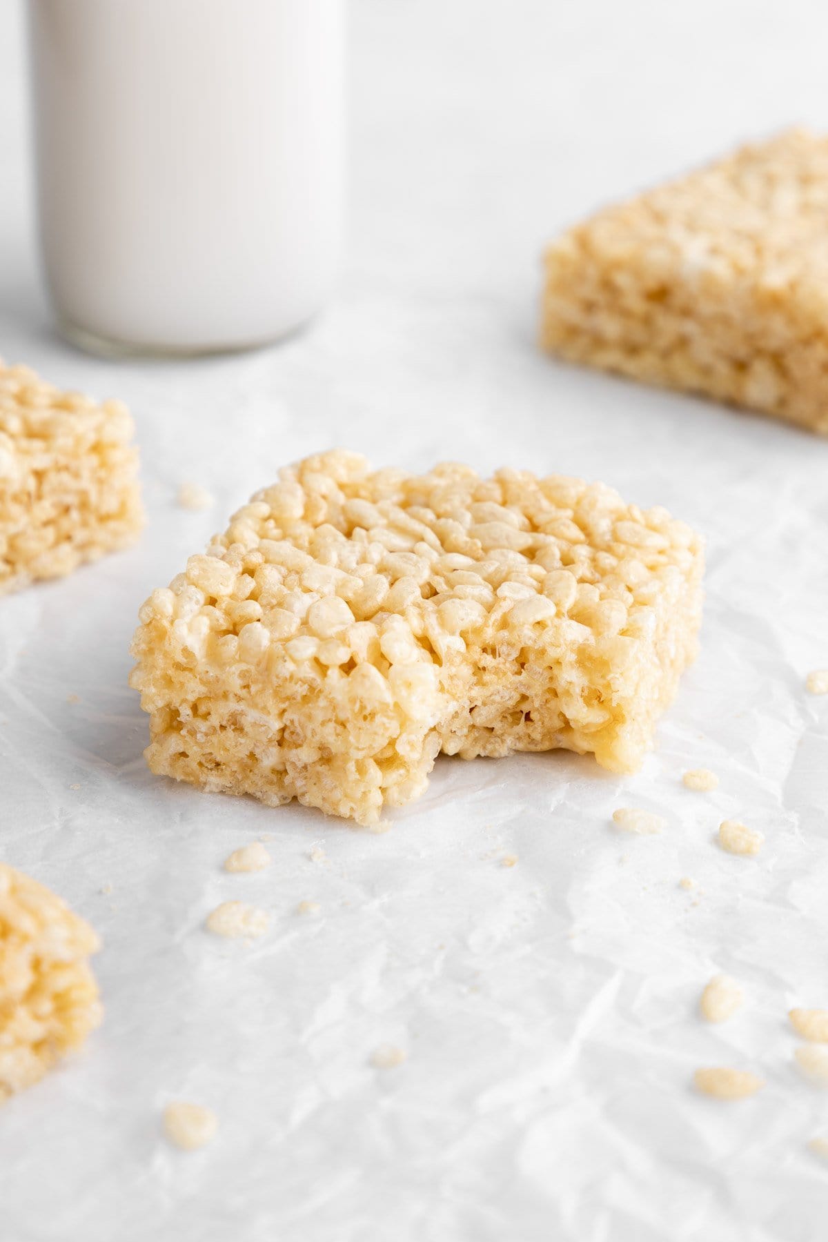 a vegan rice krispie treat with a bite taken out of it