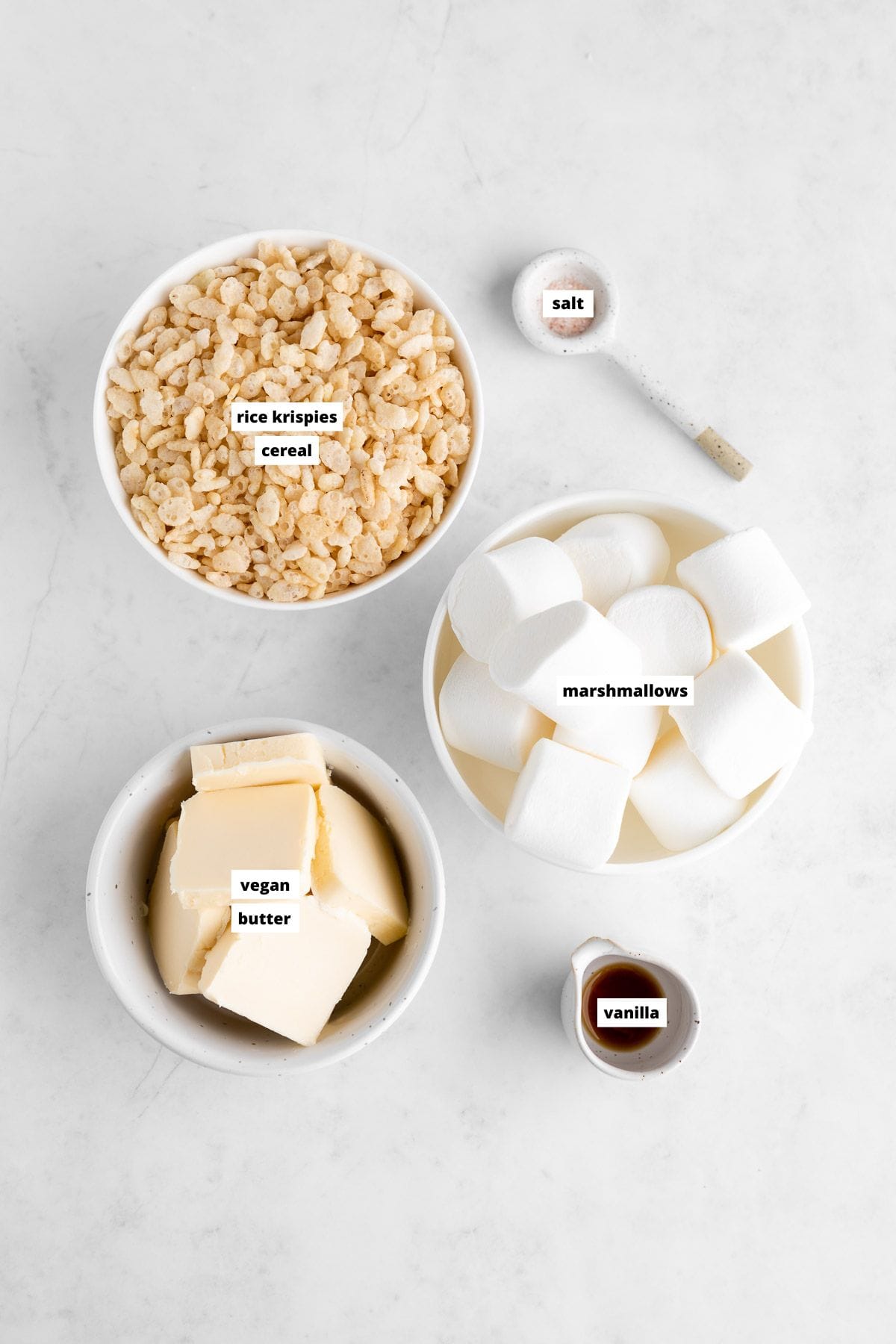 bowls of ingredients for homemade vegan rice krispie treats