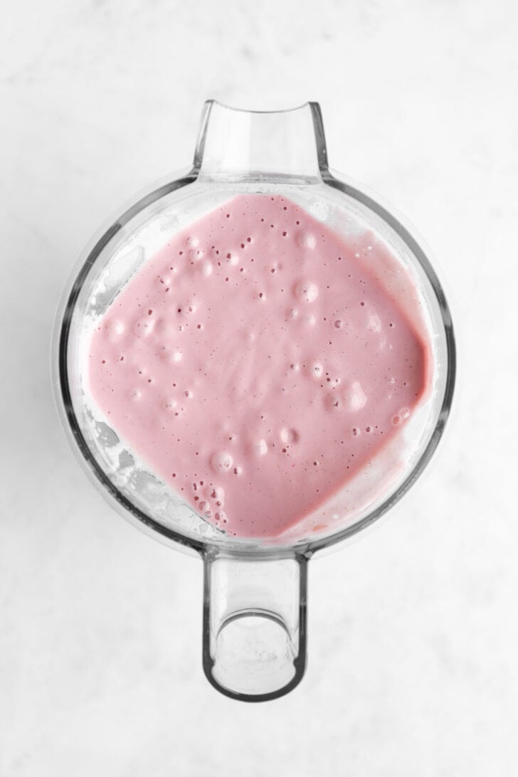 no-bake strawberry cheesecake filling inside a Vitamix blender