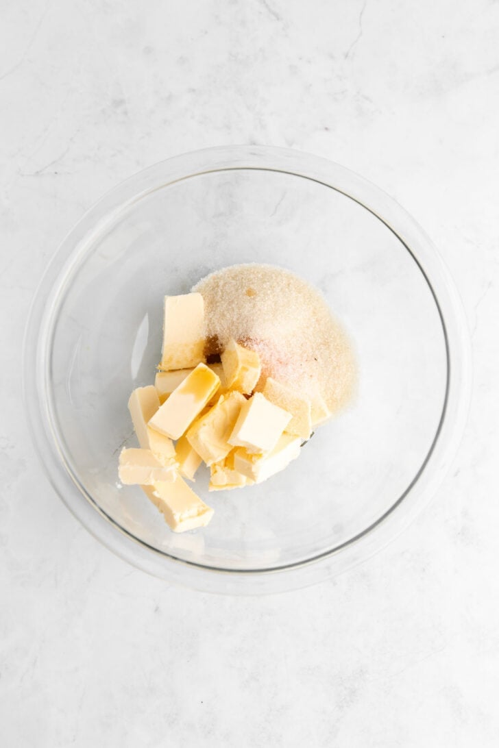vegan butter, sugar, vanilla extract, and salt in a glass pyrex bowl