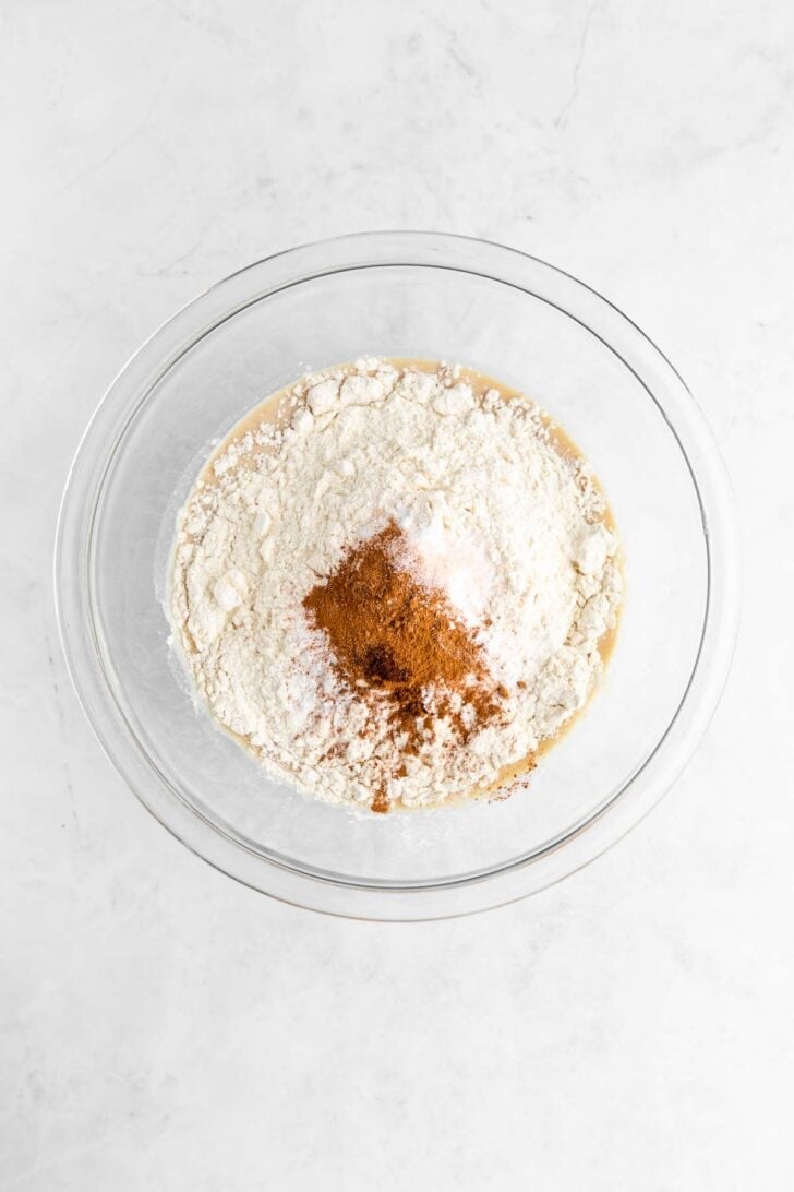 vegan carrot cake pancake batter in a glass bowl