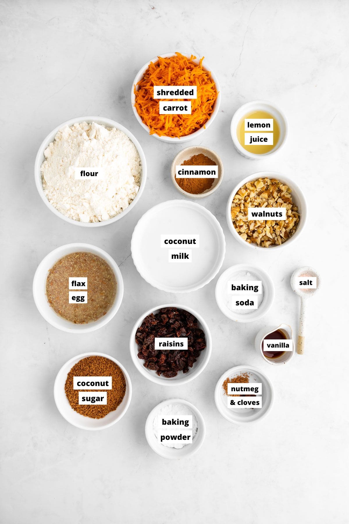 bowls of ingredients for vegan carrot cake pancakes