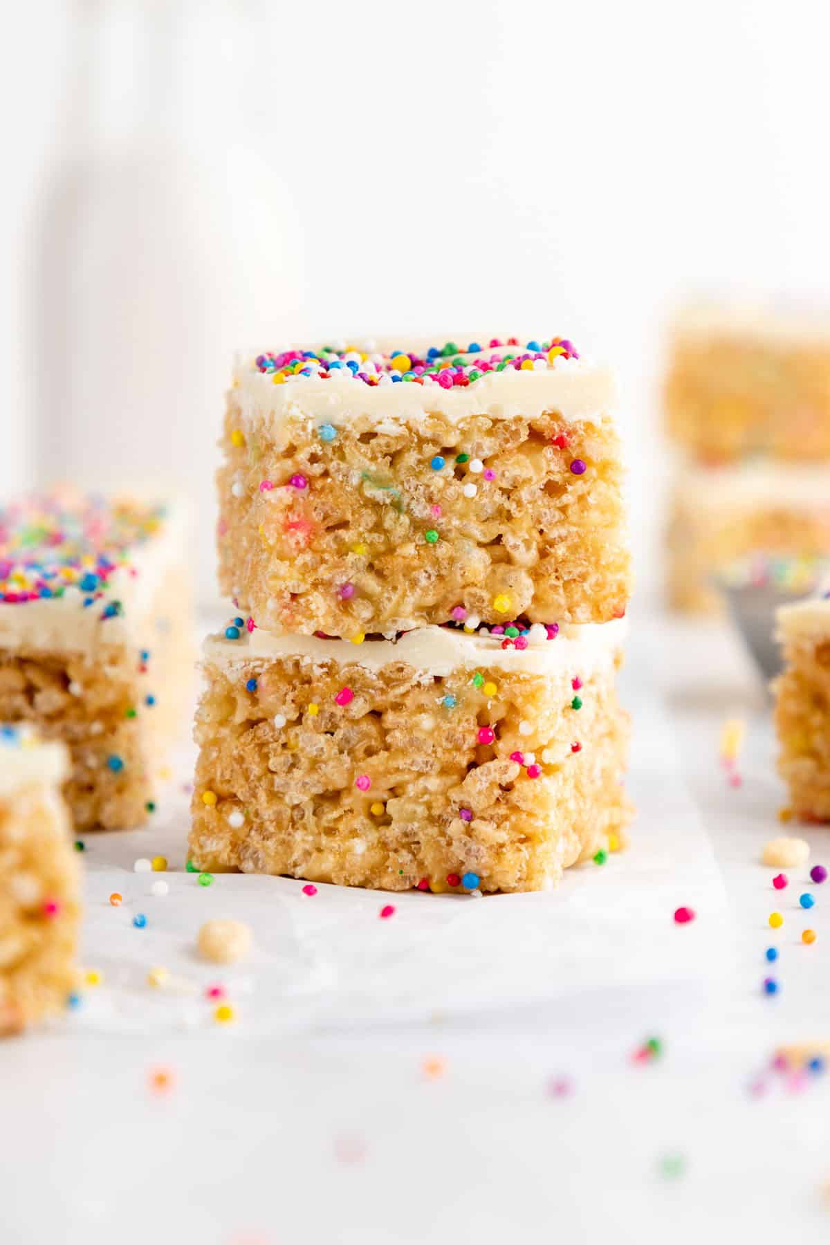 a stack of two birthday cake rice krispie treats with sprinkles