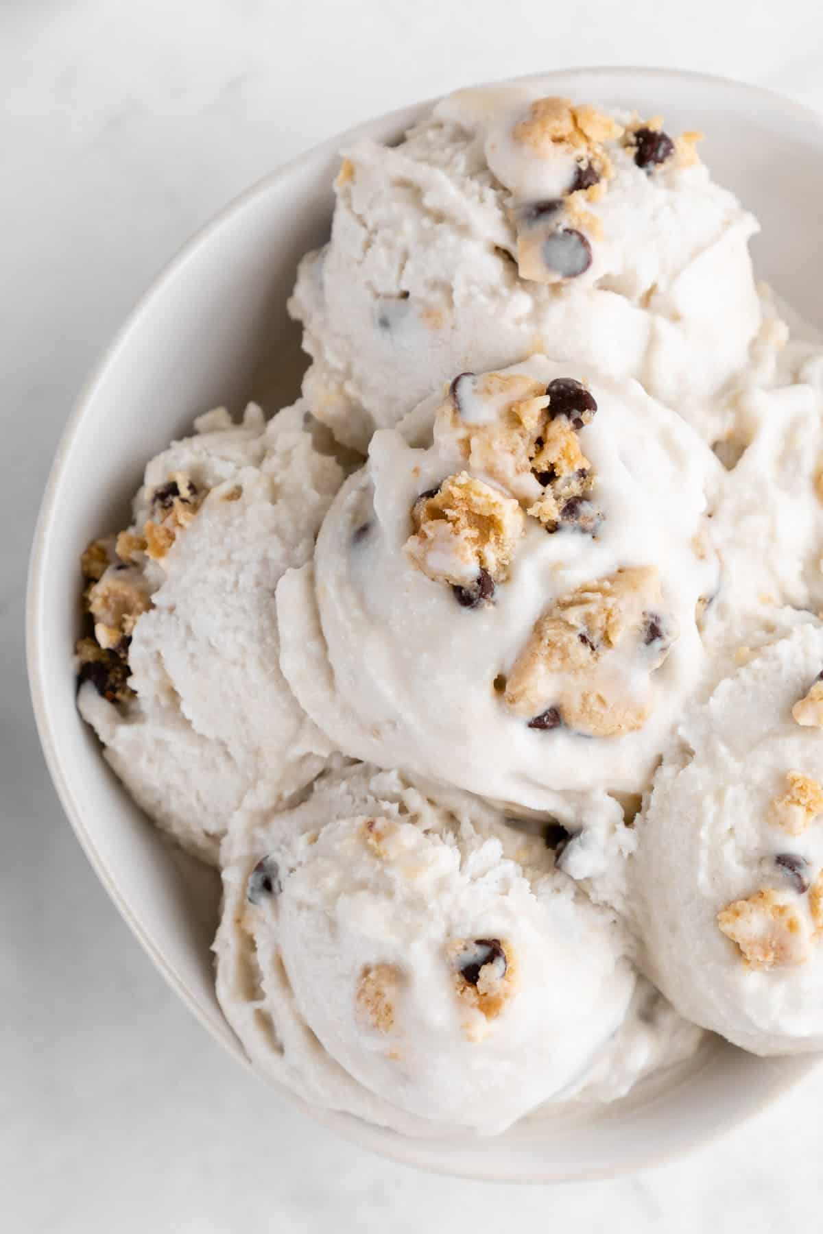 vegan cookie dough ice cream inside a bowl