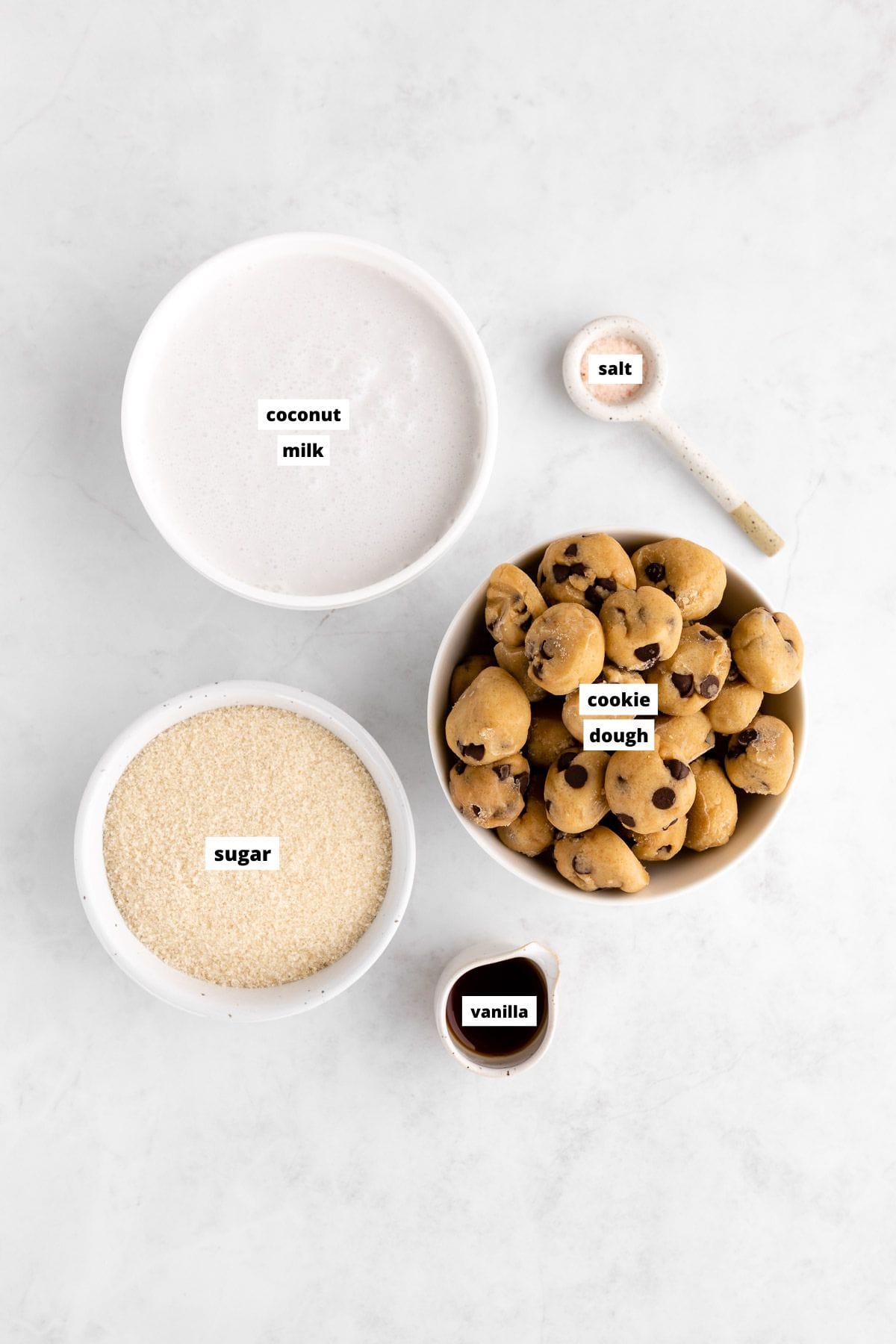 bowls of ingredients for homemade vegan cookie dough ice cream