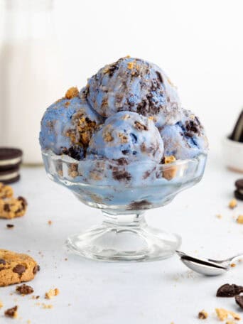 homemade vegan cookie monster ice cream in a glass bowl