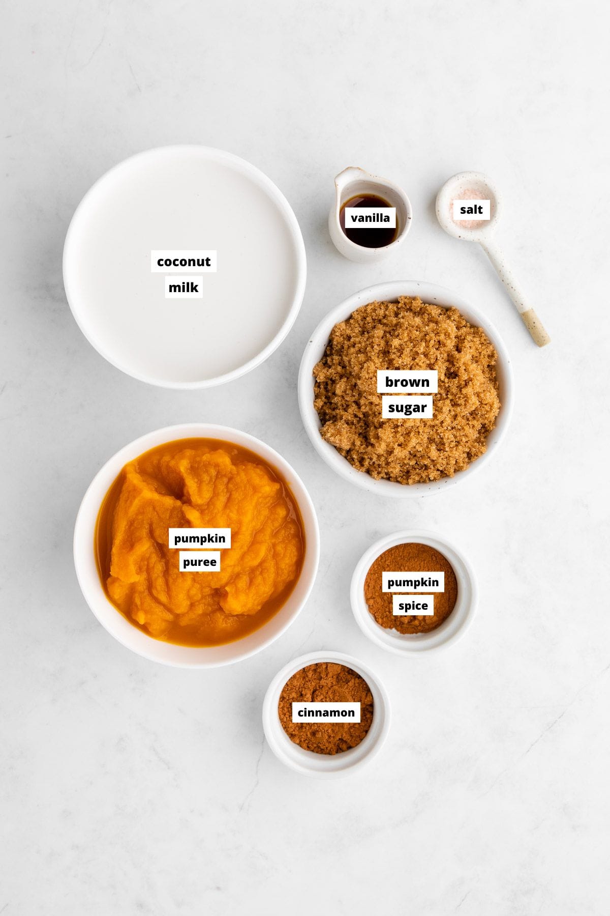 bowls of ingredients for vegan pumpkin ice cream