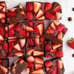 a pile of vegan chocolate strawberry fudge squares