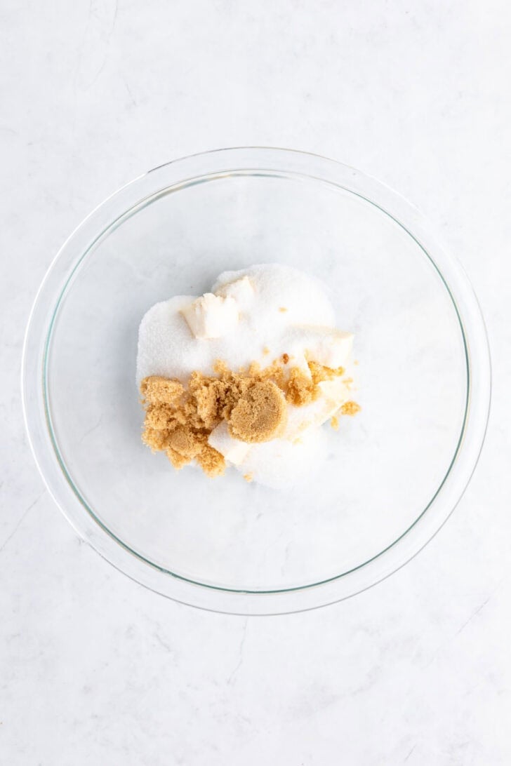 vegan butter, sugar, and brown sugar in a glass bowl