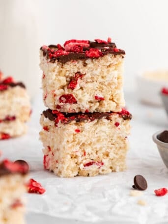 a stack of two chocolate strawberry rice krispie treats