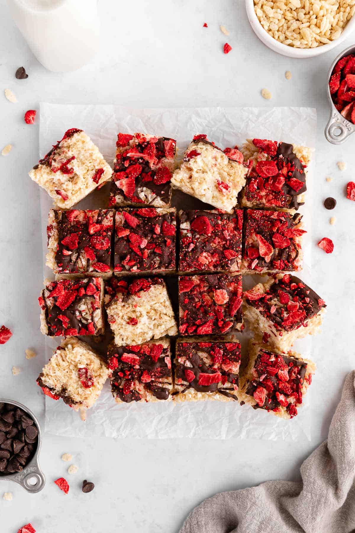 a pile of chocolate strawberry rice krispie treats