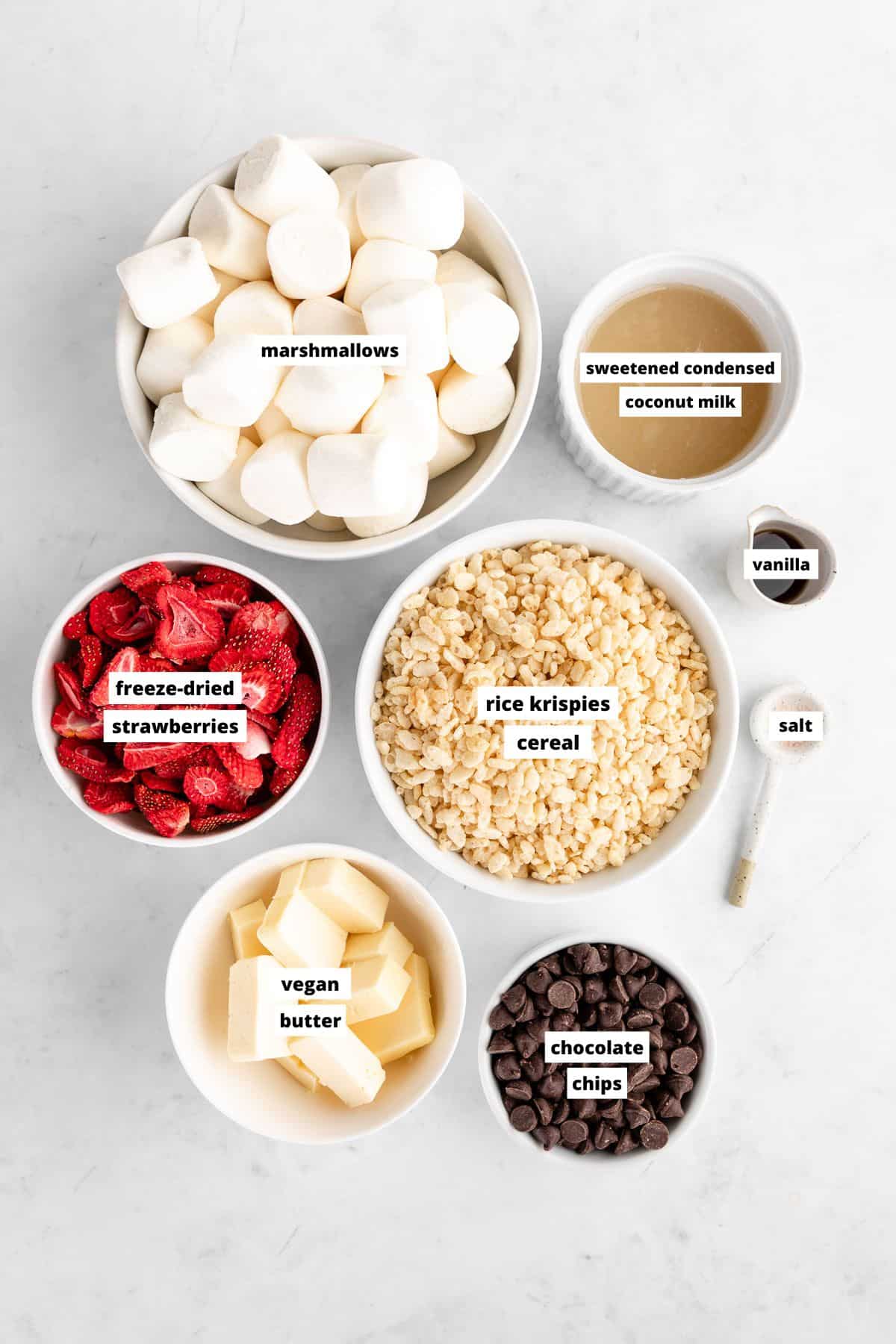 bowls of ingredients for homemade chocolate strawberry rice krispie treats