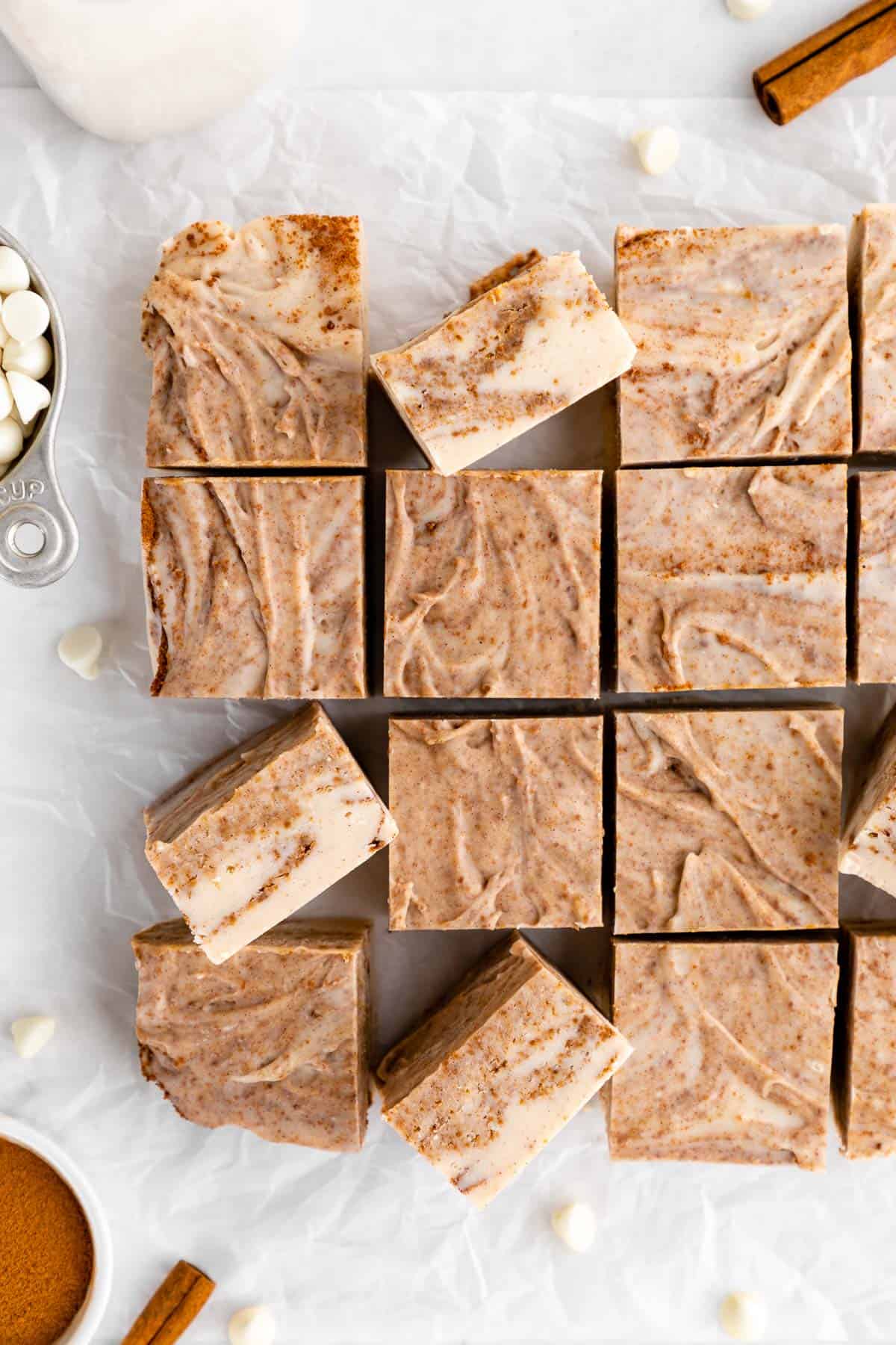 a pile of vegan white chocolate cinnamon roll fudge