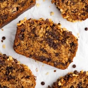 a close up of vegan chocolate chip banana bread slices