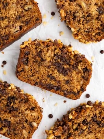 a close up of vegan chocolate chip banana bread slices