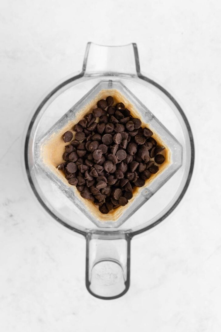 vegan oatmeal chocolate chip pancake batter inside a Vitamix blender