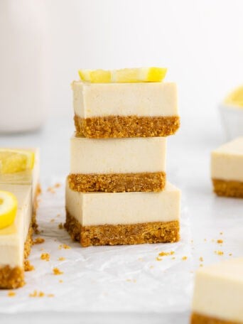 a stack of no-bake lemon cheesecake bars