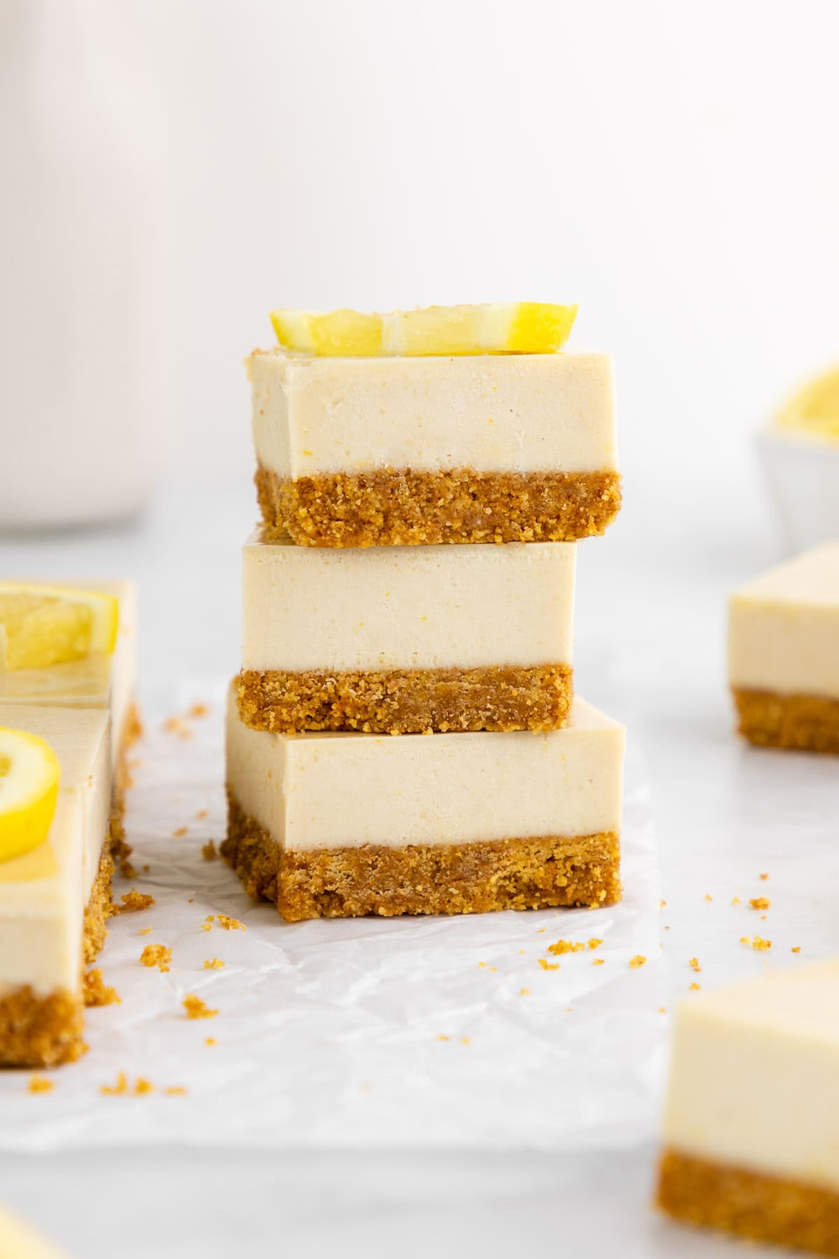 a stack of no-bake lemon cheesecake bars