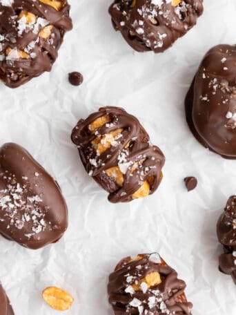 chocolate covered peanut butter stuffed dates with flaky sea salt