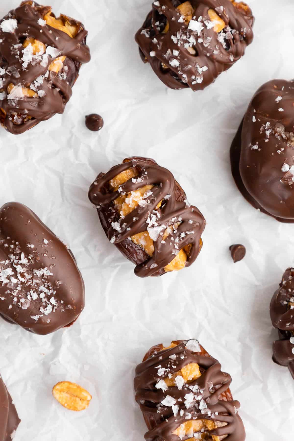 chocolate covered peanut butter stuffed dates with flaky sea salt