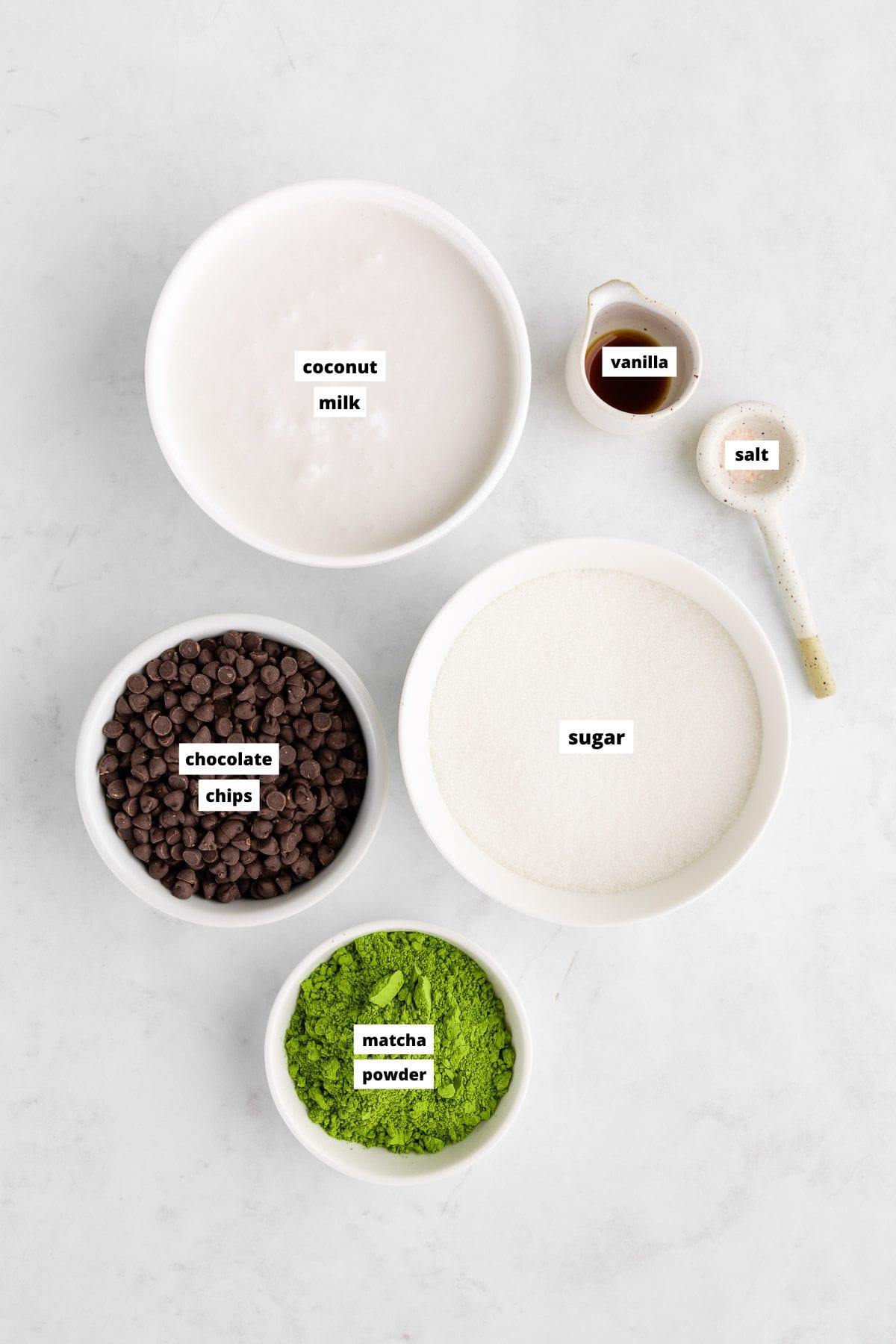 bowls of ingredients for vegan matcha ice cream with chocolate chips