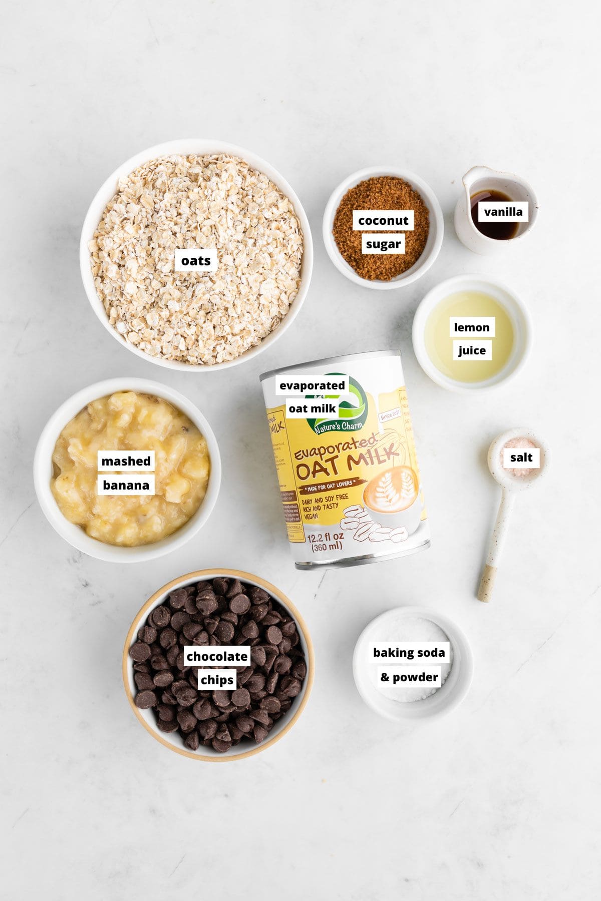 bowls of ingredients for healthy oatmeal chocolate chip pancakes