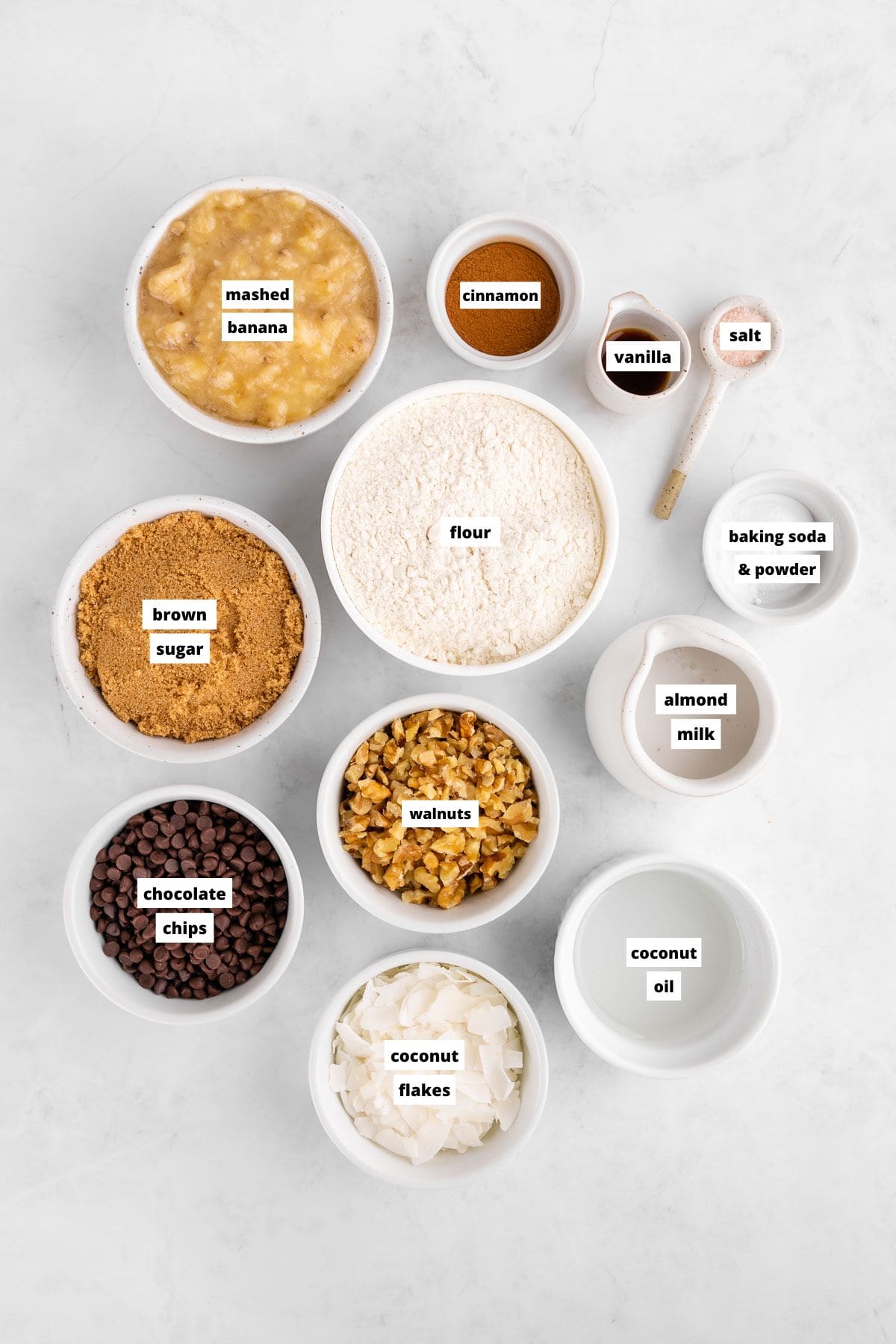 bowls of ingredients for chunky monkey banana bread