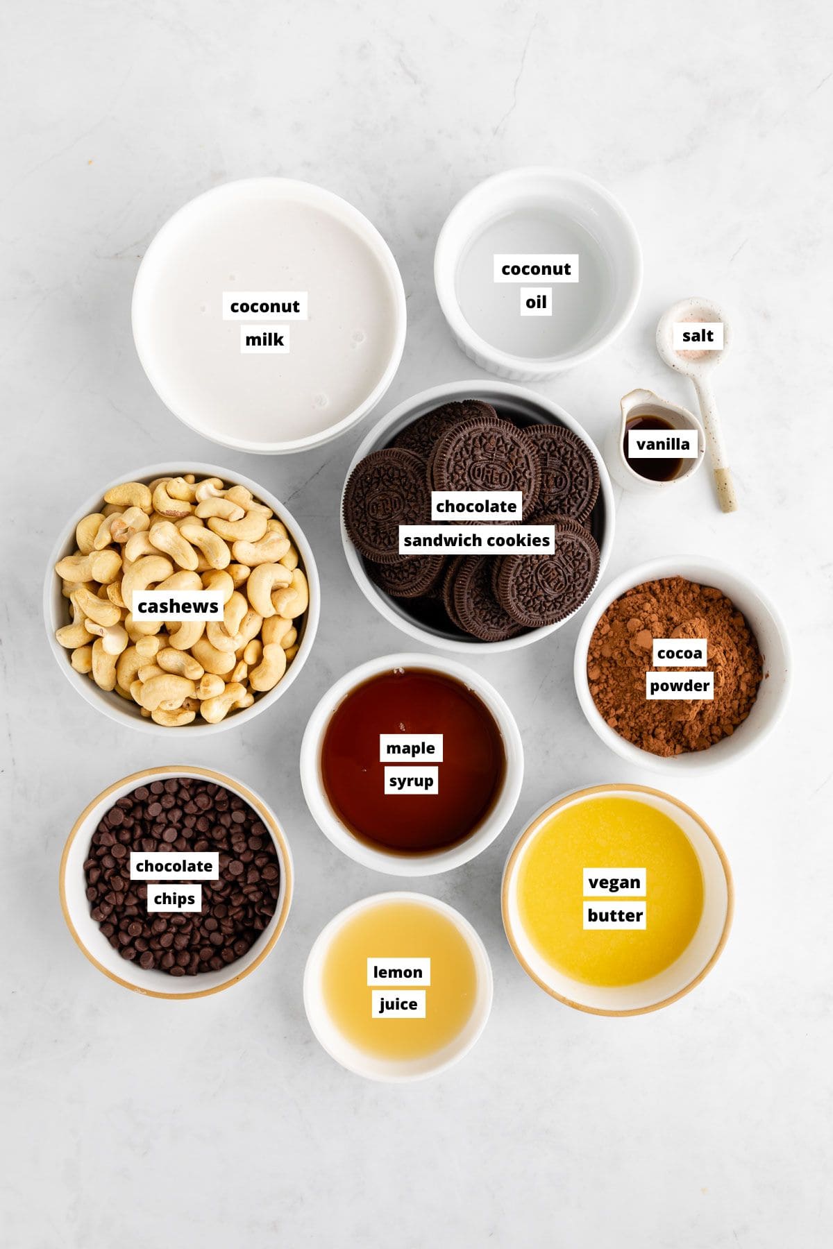 bowls of ingredients for no-bake chocolate cheesecake bars