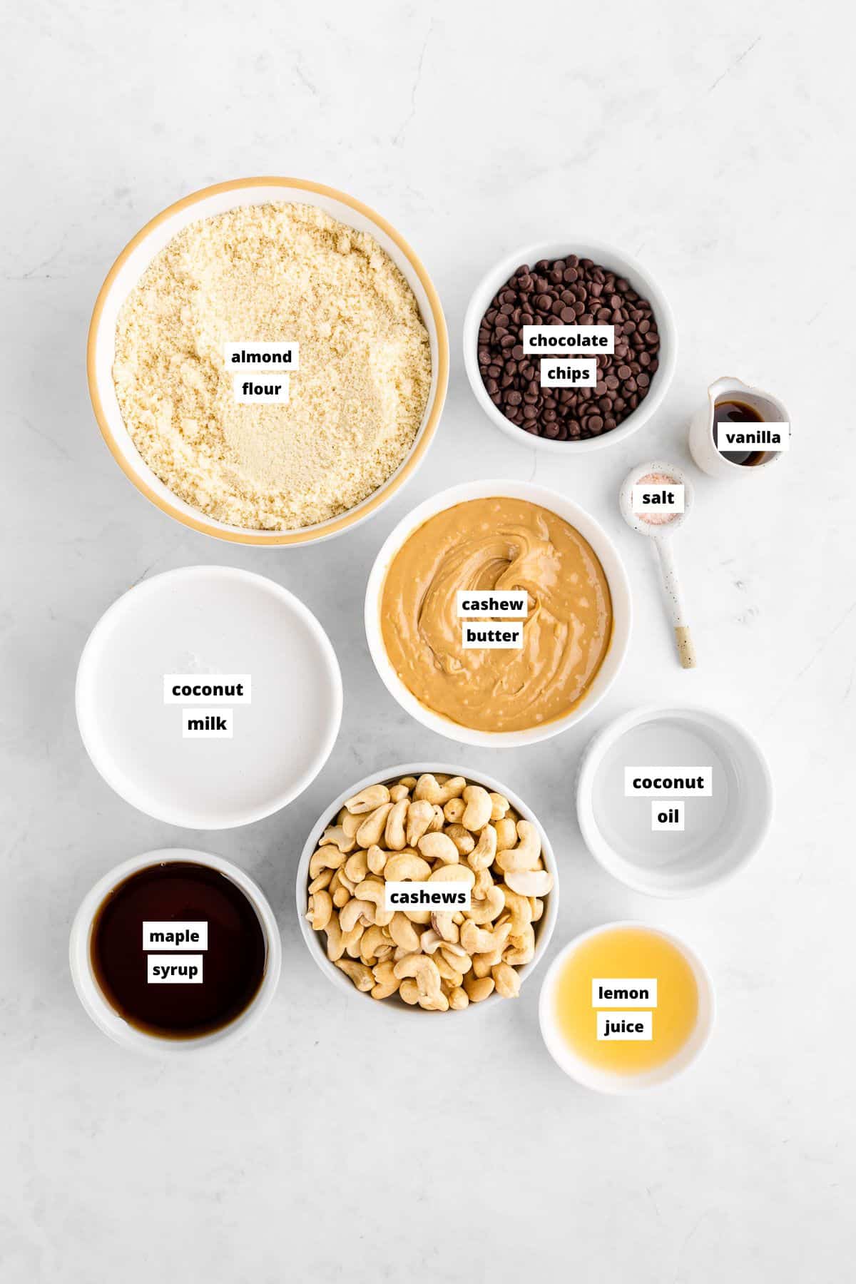 bowls of ingredients for no-bake cookie dough cheesecake bars
