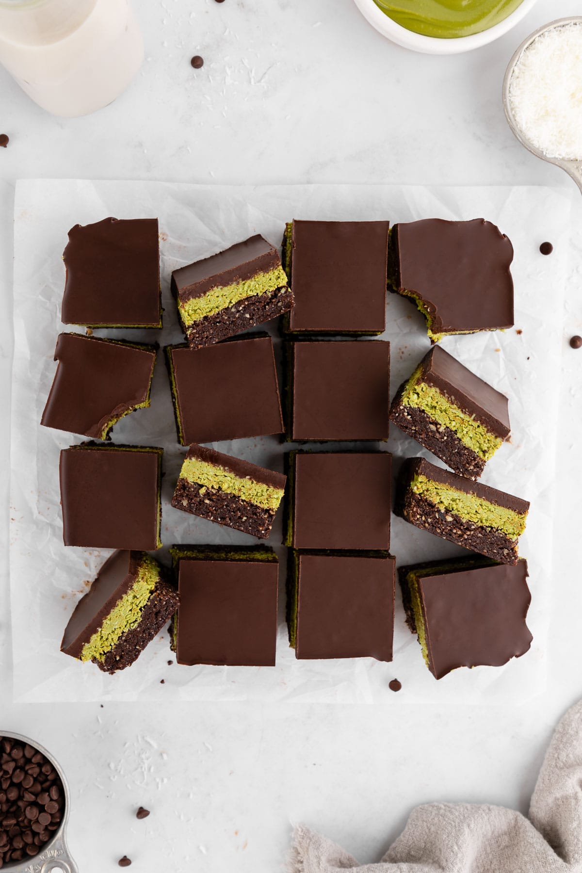 a pile of no-bake dubai chocolate brownies