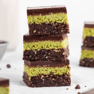 a stack of three no-bake dubai chocolate brownies