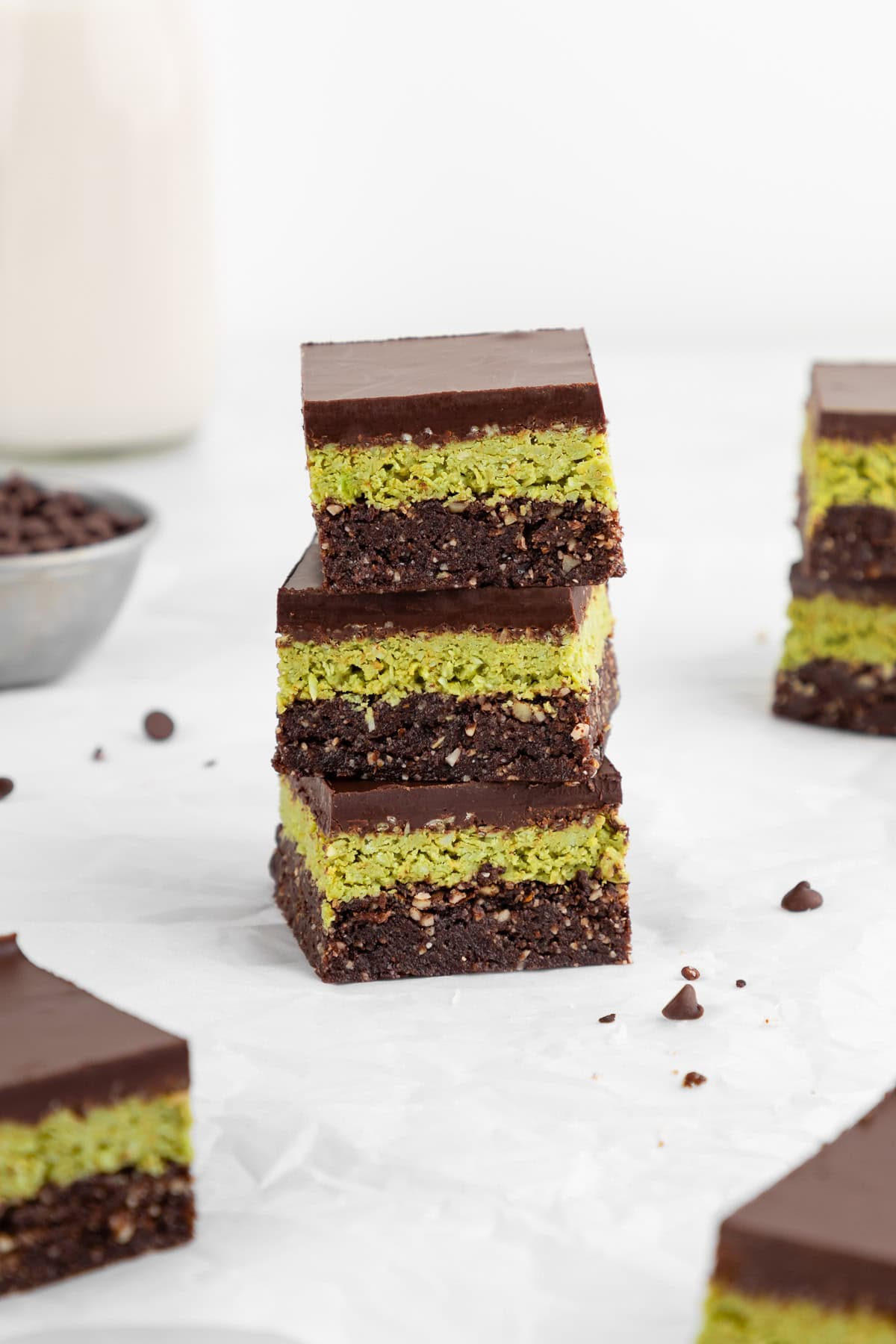 a stack of three no-bake dubai chocolate brownies