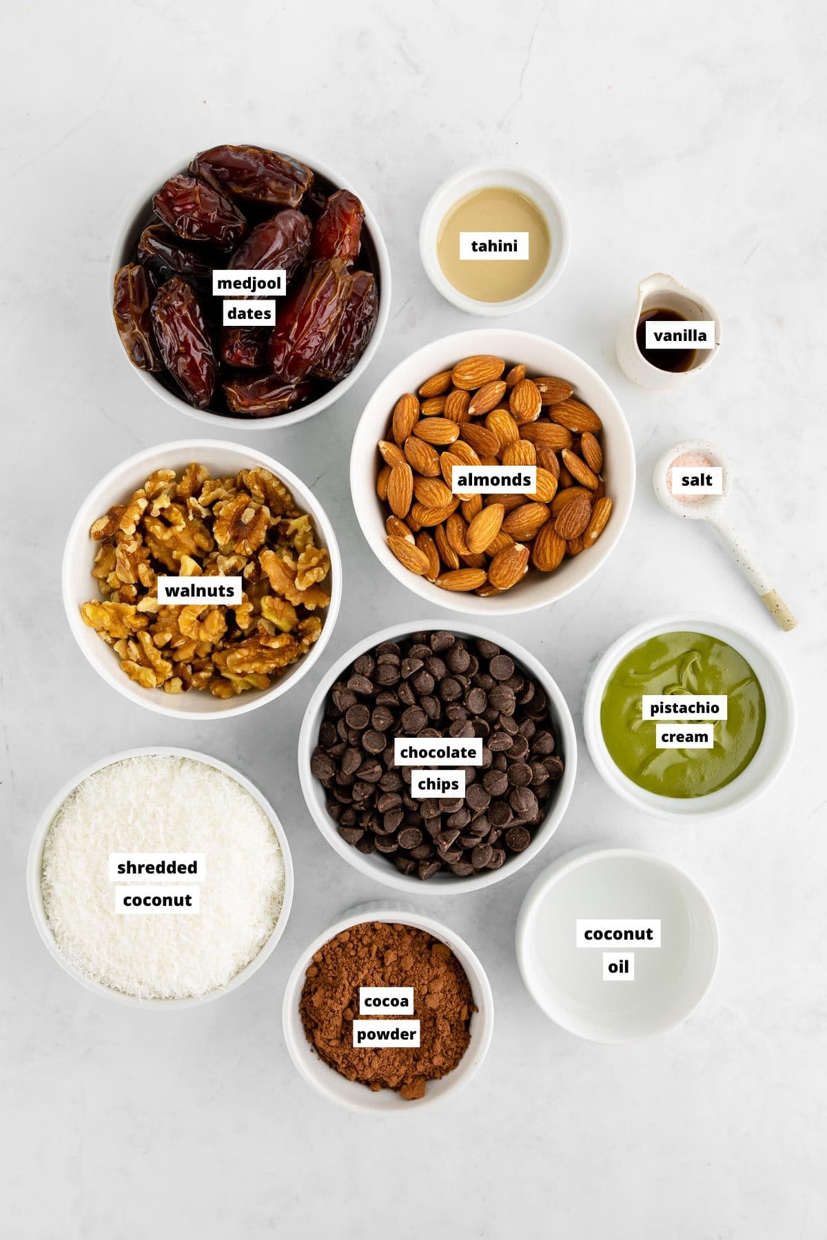 bowls of ingredients for no-bake dubai chocolate brownies