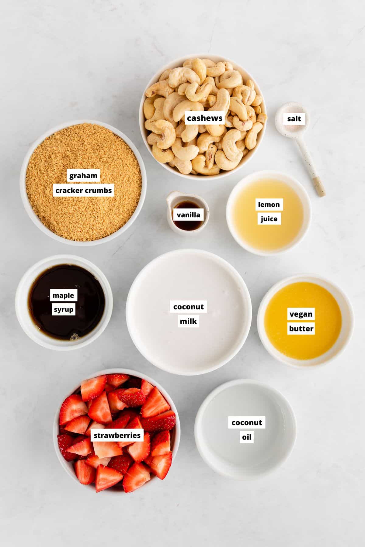 bowls of ingredients for no-bake strawberry cheesecake bars