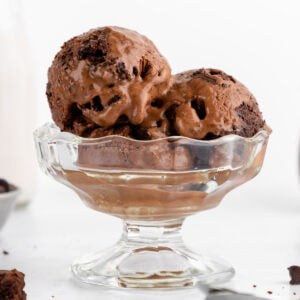scoops of vegan chocolate fudge brownie ice cream inside a sundae glass