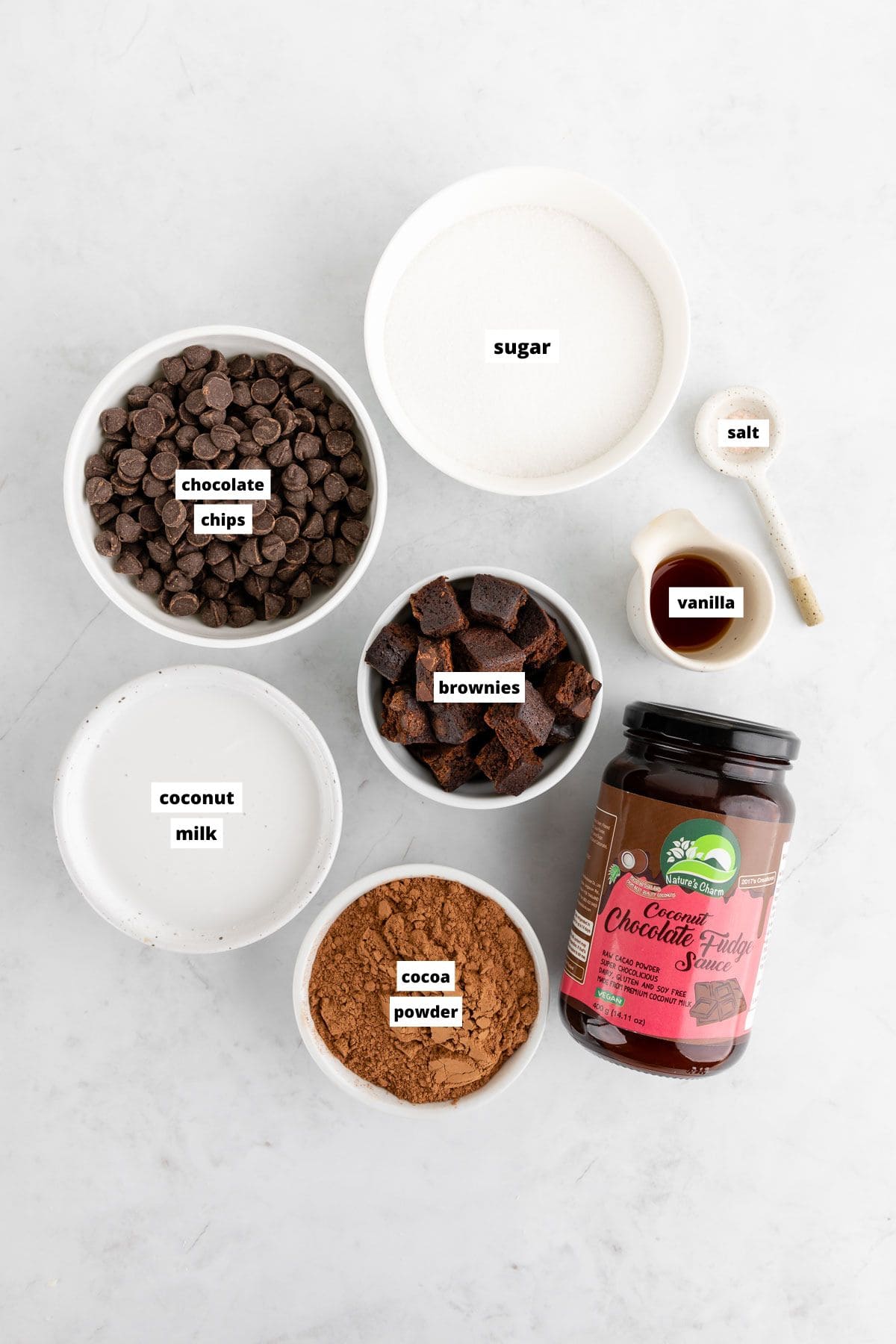 bowls of ingredients for vegan chocolate fudge brownie ice cream