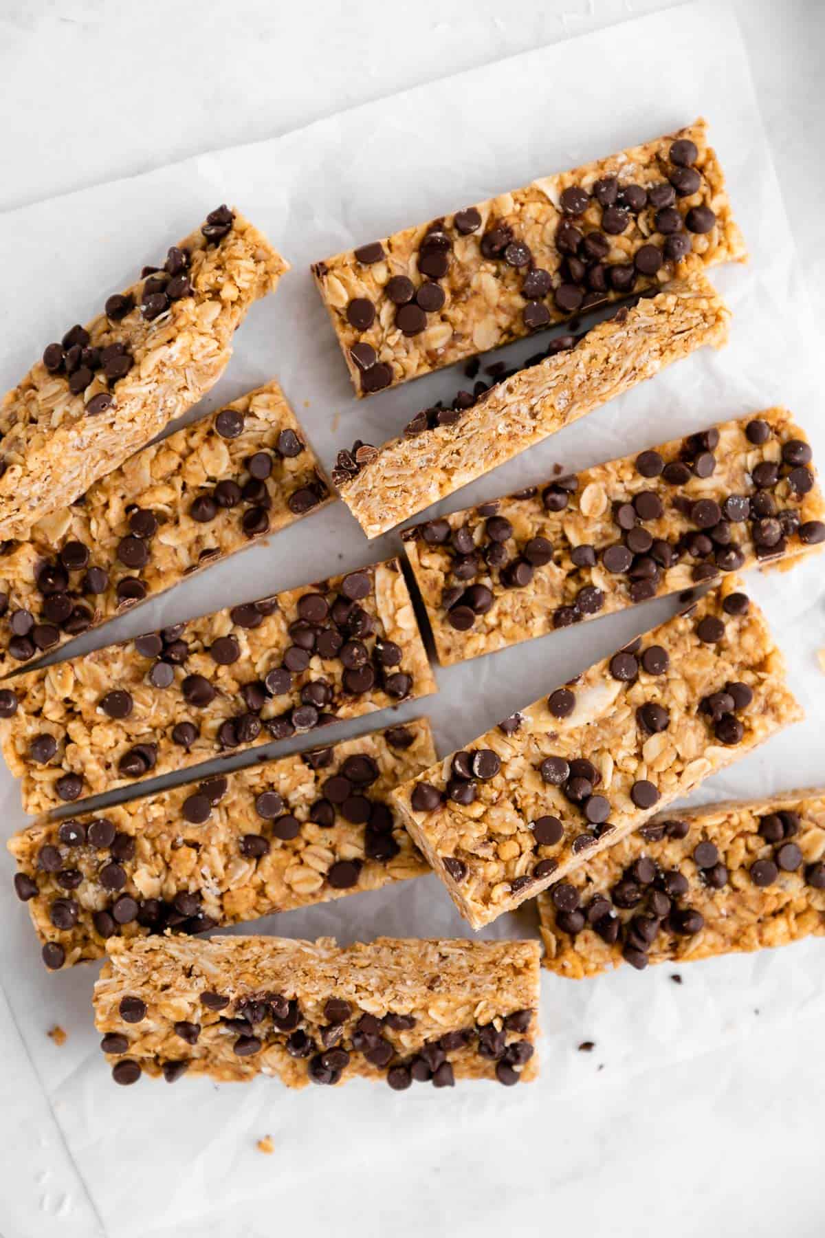 a pile of homemade coconut chocolate chip granola bars