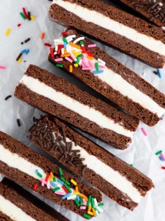 a close up of vegan homemade ice cream sandwiches with coconut milk ice cream and sprinkles