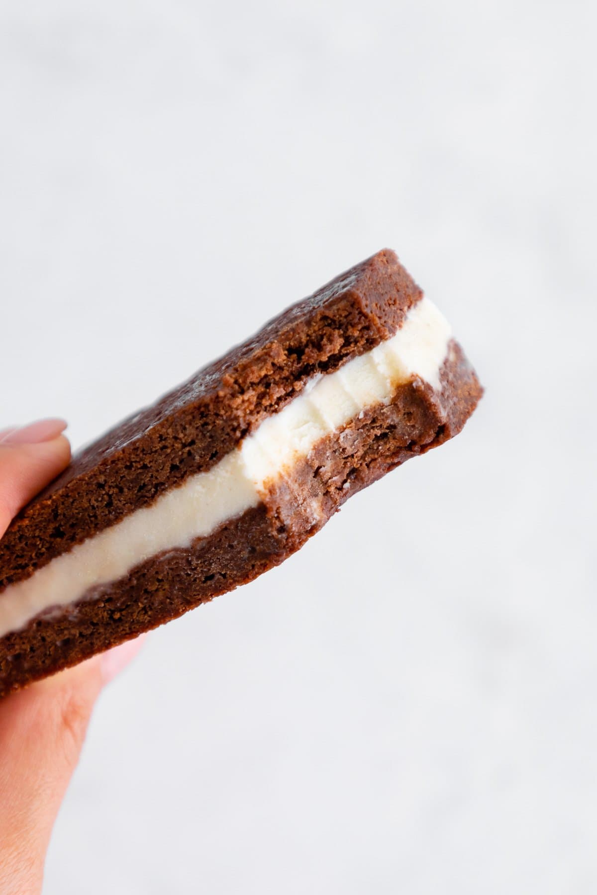 a hand holding a vegan homemade ice cream sandwich with a bite taken out of it
