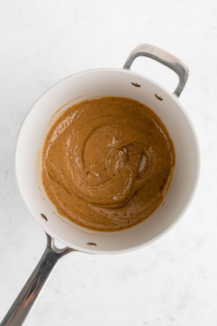 peanut butter, honey, coconut oil, and ground flaxseed melted together in a saucepan